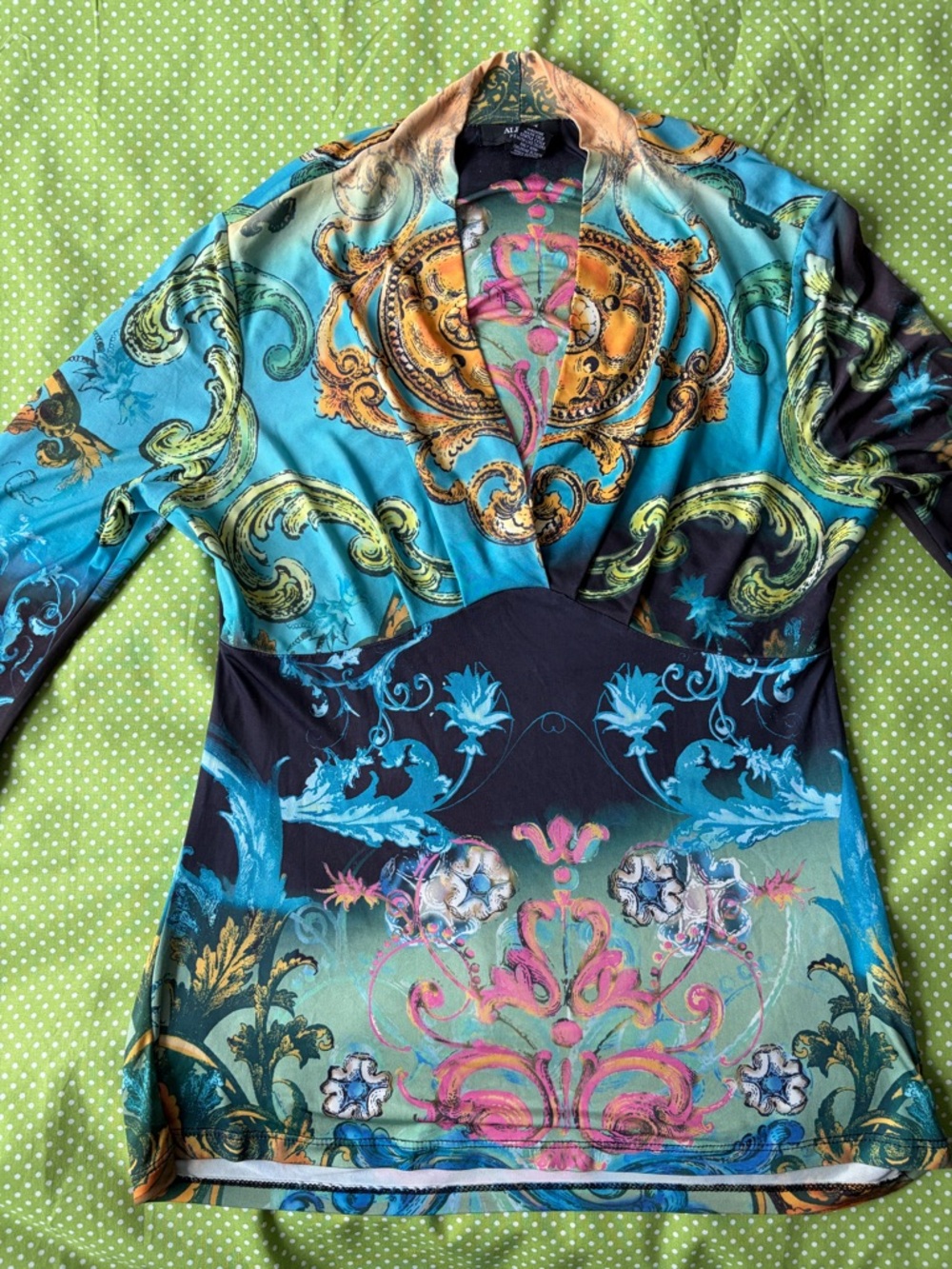 Alfani Long-Sleeve V-Neck Top in Teal, Turquoise, Pink and Gold Baroque Print - Picture 2 of 7
